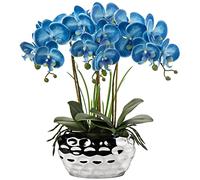 Planta artificial de orquídeas, flores artificiales, flores artificiales con tacto real, maceta de cerámica, decoración de mesa, alféizar de ventana, altura 44 cm, color azul