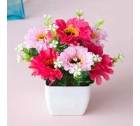 Planta artificial en maceta de plástico, flores falsas de 13 cm, simulación realista, bonsái, crisantemo, bajo mantenimiento, decoración de escritorio para el hogar, oficina, escritorio, loto rojo