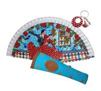 Planta Color Abanico con Escena de Flamenco con Funda Artesanal. Precioso Abanico de Madera con Funda Fabricada en España. Incluye Llavero (Mosaicos Azul BP)