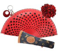 Planta Color Abanico de Lunares Pintados a Mano con Funda Artesanal. Incluye Pinza para el Pelo y Llavero Estilo Flamenco (Rojo LN)