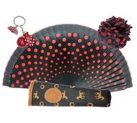 Planta Color Abanico de Lunares Pintados a Mano con Funda Artesanal. Incluye Pinza para el Pelo y LLavero Estilo Flamenco (Negro LR Pinza LR)