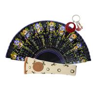 Planta Color Abanico de Madera con Flores Pintadas a Mano. Incluye una Funda Artesanal Hecha en España para Proteger el Abanico. Precioso LLavero Flamenco Incluido. (Medianoche Andaluza)