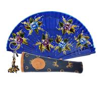 Planta Color Abanico de Madera con Flores Pintadas a Mano. Incluye una Funda Artesanal Hecha en España para Proteger el Abanico. LLavero de Regalo con Dibujo de Costumbres Españolas (Azul Flores)