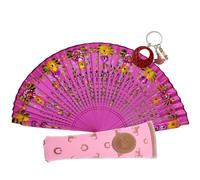 Planta Color Abanico de Madera con Flores Pintadas a Mano. Incluye una Funda Artesanal Hecha en España para Proteger el Abanico. Precioso LLavero Flamenco Incluido. (Rosa Encendida)