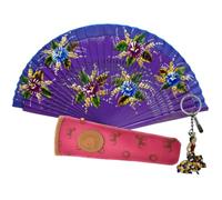 Planta Color Abanico de Madera con Flores Pintadas a Mano. Incluye una Funda Artesanal Hecha en España para Proteger el Abanico. LLavero de Regalo con Dibujo de Costumbres Españolas (Fucsia Flores)