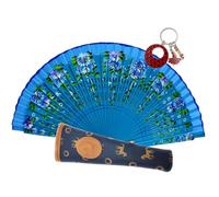 Planta Color Abanico de Madera con Flores Pintadas a Mano. Incluye una Funda Artesanal Hecha en España para Proteger el Abanico. Precioso LLavero Flamenco Incluido. (Azul Noche Floral)