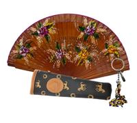 Planta Color Abanico de Madera con Flores Pintadas a Mano. Incluye una Funda Artesanal Hecha en España para Proteger el Abanico. LLavero de Regalo con Dibujo de Costumbres Españolas (Marrón Flor)