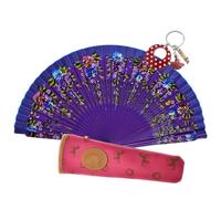 Planta Color Abanico de Madera con Flores Pintadas a Mano. Incluye una Funda Artesanal Hecha en España para Proteger el Abanico. Precioso LLavero Flamenco Incluido. (Lavanda Festiva)