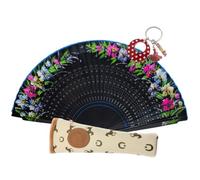 Planta Color Abanico de Madera con Flores Pintadas a Mano. Incluye una Funda Artesanal Hecha en España para Proteger el Abanico. Precioso LLavero Flamenco Incluido. (Noche Encantada)