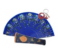 Planta Color Abanico de Madera con Flores Pintadas a Mano. Incluye una Funda Artesanal Hecha en España para Proteger el Abanico. Precioso LLavero Flamenco Incluido. (Cielo Mediterráneo)