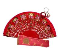 Planta Color Abanico de Madera con Flores Pintadas a Mano. Incluye una Funda Artesanal Hecha en España para Proteger el Abanico. Precioso LLavero Flamenco Incluido. (Rojo Fiesta)