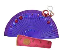 Planta Color Abanico de Madera con Flores Pintadas a Mano. Incluye una Funda Artesanal Hecha en España para Proteger el Abanico. LLavero de Regalo con Dibujo de Costumbres Españolas (Violeta 7131)