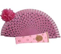 Planta Color Abanico de Madera con Flores Pintadas a Mano. Incluye una Funda para Proteger el Abanico. Pinza de Pelo con Diseño de Flor para Complementar tu estilo (Rosa Lunares)