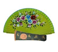 Planta Color Abanico de Madera con Flores Pintadas a Mano por las Dos Caras. Incluye una Funda para Proteger el Abanico. Imán de Regalo con Dibujo de Costumbres Españolas (Verde Flores)