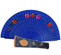 Planta Color Abanico de Madera con Flores Pintadas a Mano por las Dos Caras. Incluye una Funda para Proteger el Abanico. Imán de Regalo con Dibujo de Costumbres Españolas (Azul Oscuro)