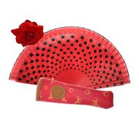 Planta Color Abanico de Madera con Lunares Pintadas a Mano. Incluye una Funda para Proteger el Abanico. Pinza de Pelo con Diseño de Flor para Complementar tu estilo (Rojo LN)