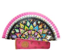 Planta Color Abanico de Mano Plegable con Funda. Preciosos Dibujos de Flores y Colores. Abanico Flamenco Español con Funda Decorar (Rosa Borde Naranja)