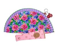 Planta Color Abanico Plegable con Funda para Abanico. Tela Estampada de Algodón sobre Madera. Dibujo Estampado. con Llavero de Costumbres Españolas (Rosa Flores)
