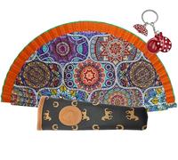 Planta Color Abanico Plegable con Funda para Abanico. Tela Estampada de Algodón sobre Madera. Dibujos Estampado. con Llavero de Costumbres Españolas (Naranja Mosaicos)