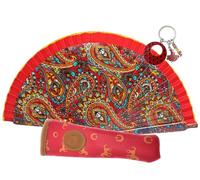 Planta Color Abanico Plegable con Funda para Abanico. Tela Estampada de Algodón sobre Madera. Dibujos Estampado. con Llavero de Costumbres Españolas (Paisley Rojo)