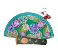 Planta Color Abanico Plegable con Funda para Abanico. Tela Estampada de Algodón sobre Madera. Dibujos Estampado. con Llavero o Imán de Costumbres Españolas (Esencia Esmeralda)