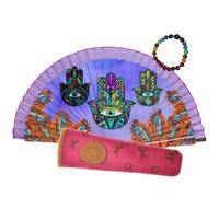 Planta Color Abanico Plegable de Madera con Diseño Hamsa & Mandala + Funda con Cremallera + Pulsera Elástica de Cuentas Chakra (Poder del Desierto)