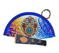 Planta Color Abanico Plegable de Madera con Diseño Hamsa & Mandala + Funda con Cremallera + Pulsera Elástica de Cuentas Chakra(Mano de Luz)