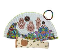 Planta Color Abanico Plegable de Madera con Diseño Hamsa & Mandala + Funda con Cremallera + Pulsera Elástica de Cuentas Chakra (Mirada Sagrada)