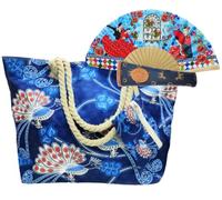 Planta Color Conjunto de Bolso de Playa con Abanico Plegable y Funda de Abanico. Abanico de Tela Estampada de Algodón sobre Madera. con Bonitos Dibujos Abstractos (Pachamama con Bolso de Playa)