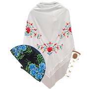 Planta Color Mantón Blanco con Bordado de Flores, Abanico de Madera Pintado a Mano y Funda Artesanal Hecha en España - Elegancia y Tradición Española para Fiestas y Eventos (Blanco 2438 AN)