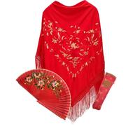 Planta Color Mantón con Bordado de Flores, Abanico de Madera y Funda Artesanal Para el Abanico- Elegancia y Tradición Española para Fiestas y Eventos (Rojo y dorado 2)