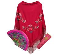 Planta Color Mantón Granate con Bordado de Flores, Abanico de Madera con Estampado Mandala y Funda Artesanal Hecha en España - Elegancia y Tradición Española para Fiestas y Eventos (Granate 744)