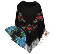 Planta Color Mantón Negro con Bordado de Flores, Abanico de Madera con Flores Pintadas a Mano y Funda Artesanal Hecha en España - Elegancia y Tradición Española para Fiestas y Eventos (Negro 2)