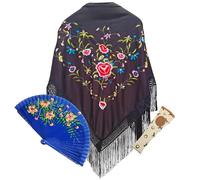 Planta Color Mantón Negro con Bordado de Flores, Abanico de Madera con Flores Pintadas a Mano y Funda Artesanal - Elegancia y Tradición Española para Fiestas y Eventos (Negro Colores)