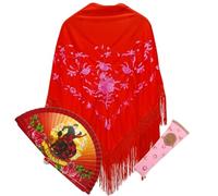 Planta Color Mantón Rojo con Bordado de Flores Rosas, Abanico de Madera y Funda Artesanal - Elegancia y Tradición Española para Fiestas y Eventos (Rojo Rosa)