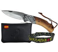 Planta Color Pack Caza Perdiz | Navaja Plegable Back Lock Hoja 9,5 cm Mango Madera Virola Grabada | Monedero Artesanal Piel Grabado | Pulsera Soy Cazador (Virola Perdíz)