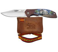 Planta Color Pack Cazadores - Navaja Hoja de Acero + Monedero Artesanal de Piel + Pulsera Bordada | Diseño Exclusivo | Regalo Ideal para Coleccionistas y Amantes de la Caza (Jabalí)