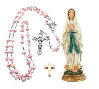 Planta Color Pack Devocional Virgen de Lourdes - Incluye Figura de 11 cm, Rosario de Perlas en Bolsa de Organza y Cruz de Turquesa Blanca - Set Religioso Ideal para el Hogar o Regalo Espiritual