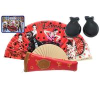 Planta Color Pack Flamenco con Abanico de Bambú, Funda Artesanal Hecha en España, Castañuelas de Madera e Imán - Detalle Tradicional Español (Flamenco rojo Castañuelas negras)