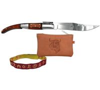 Planta Color Pack navaja árabe con carraca 3Cr13MoV hoja espejo + monedero de piel 10,5×7 cm hecho en España + pulsera hierros taurinos (Roja)