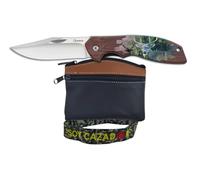 Planta Color Pack Navaja Diseño de Ciervo 21,4 cm 3Cr13MoV, Liner Lock sin sierra + monedero de piel 10,5×8 cm 2 cremalleras + pulsera bordada “Soy Cazador” camuflaje (Ciervo)