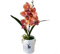 Planta de orquídea artificial de 31 cm, orquídea falsa Phalaenopsis con maceta de ciervo, flor de seda realista, bonsái decorativo para oficina en casa (naranja-amarillo)