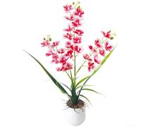 Planta de orquídea falsa de tela de 21 pulgadas, elegante jarrón blanco | Maceta acanalada blanca texturizada, base de 9 x 10 cm, tierra simulada incluida, lista para exhibir, diseño elegante
