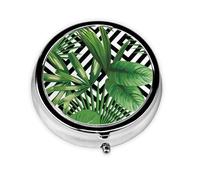 Planta tropical de hojas verdes de palmera. Este pequeño pastillero redondo es un organizador portátil de medicamentos de viaje con tres compartimentos para almacenar medicamentos diarios.