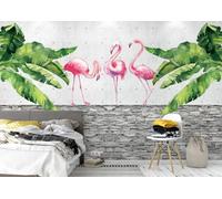 Plantas En Muro De Piedra Hojas Verdes Flamingo Rosa 3D Papel Pintado Pared Fácil Instalación Oficina Sala Estar Sofá Dormitorio TV Fondos Decoración-150cm×105cm
