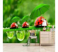 Plantas Frescas Y Verdes Gotas De Agua Insectos Paraguas 3D Papel Pintado Tapiz Textura de Seda Oficina Comedor Sofá Dormitorio Sala Estar TV Fondo Pantalla-200cm×140cm