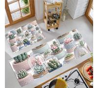 Plantas Suculentas En Maceta 3D Juego De Alfombras De Cocina De 2 Piezas, Juego De Alfombras De Plantas Modernas, Blanco Antideslizantes Lavables Tapetes De Cocina Para Interior, 40X60+40X120Cm