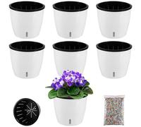 Planterhoma - Paquete de 6 macetas de riego automático para Plantas de Interior, 17 cm, con indicador, cordón Negro y Agujeros de Drenaje, para Violeta Africana, Hiedra del Diablo, Blanco