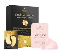 PLANTIFIQUE Gua Sha de Cuarzo Rosa Auténtico - Masajeador Facial Antiarrugas para Tonificar la Piel & Parches Ojos Bolsas y Ojeras - Mascarillas Dorados Antiarrugas y Antiojeras - 20 Pares