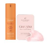 PLANTIFIQUE Gua Sha de Cuarzo Rosa Auténtico - Masajeador Facial Antiarrugas para Tonificar la Piel & Serum Facial Coreano para Gua Sha Masaje con Vitamina C - Suero Antiedad, Antiarrugas - 30 ml